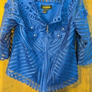 Susanna Royal Blue Sheer Embroidered Zip-Front Women’s Top And Skirt 1XL